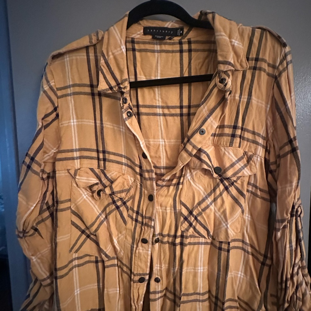 Sanctuary Women's Tan Plaid Button Down Shirt